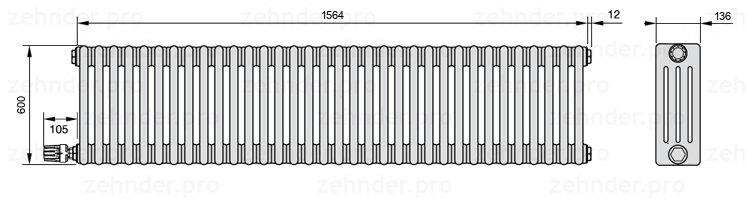 Схема (чертеж) Радиатор Zehnder Charleston 4060/34 №V004 Белый глянцевый RAL 9016